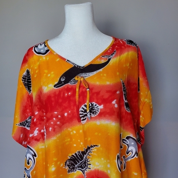 Easy Living Kaftan Womens XL Sea Life Print Longline Orange Pull-On Coverup XL - Picture 4 of 6